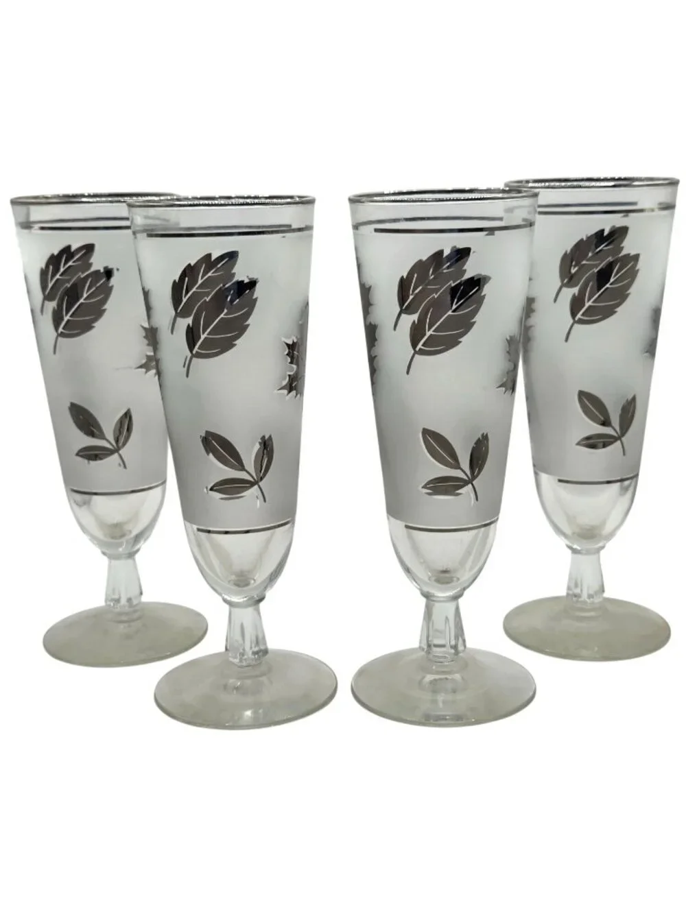 Vtg Libbey Silver Foliage Leaf Footed Pilsner Glasses Set Of 4 Frosted Champagne - Picture 2 of 12
